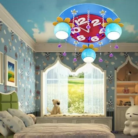 Crystal Wood Kid Bedroom Ceiling Mount Light With 3 Head Creative Lamp