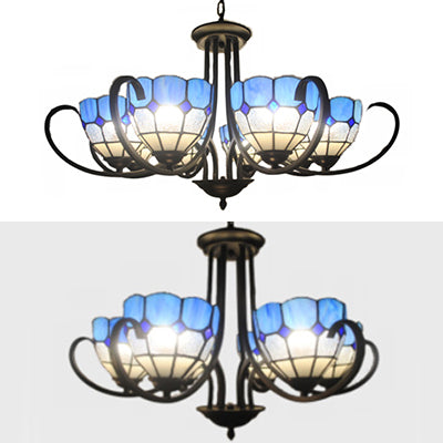 Blue Stained Glass Baroque Chandelier with Metal Chain - 6/8 Lights Bowl Pendant Lighting