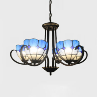 Blue Stained Glass Baroque Chandelier with Metal Chain - 6/8 Lights Bowl Pendant Lighting