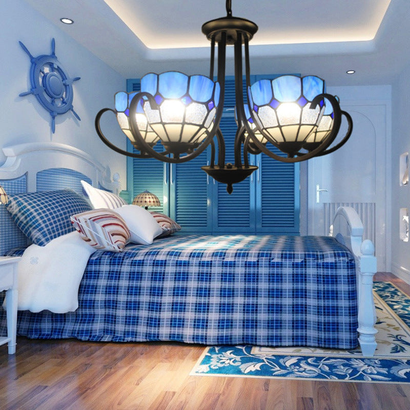 Blue Stained Glass Baroque Chandelier Light With Metal Chain - 6/8 Lights Bowl Pendant Lighting