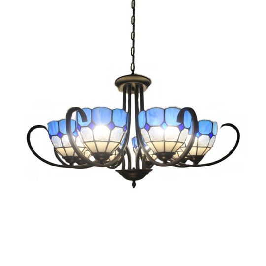 Blue Stained Glass Baroque Chandelier with Metal Chain - 6/8 Lights Bowl Pendant Lighting