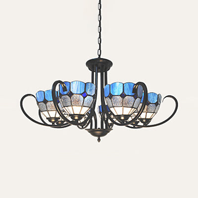 Blue Stained Glass Baroque Chandelier with Metal Chain - 6/8 Lights Bowl Pendant Lighting