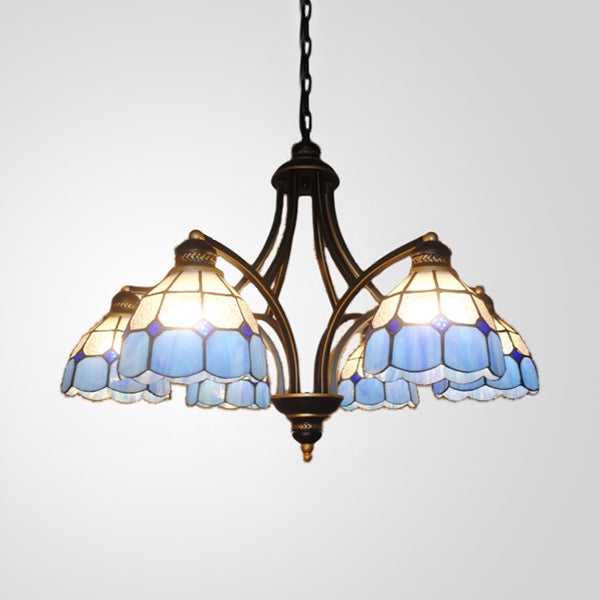 Blue Glass Semi-Globe Chandelier - Tiffany Pendant Lighting For Bedroom With Metal Chain (6/8