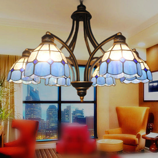 Blue Glass Semi-Globe Chandelier - Tiffany Pendant Lighting For Bedroom With Metal Chain (6/8