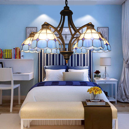 Blue Glass Semi-Globe Chandelier - Tiffany Pendant Lighting For Bedroom With Metal Chain (6/8