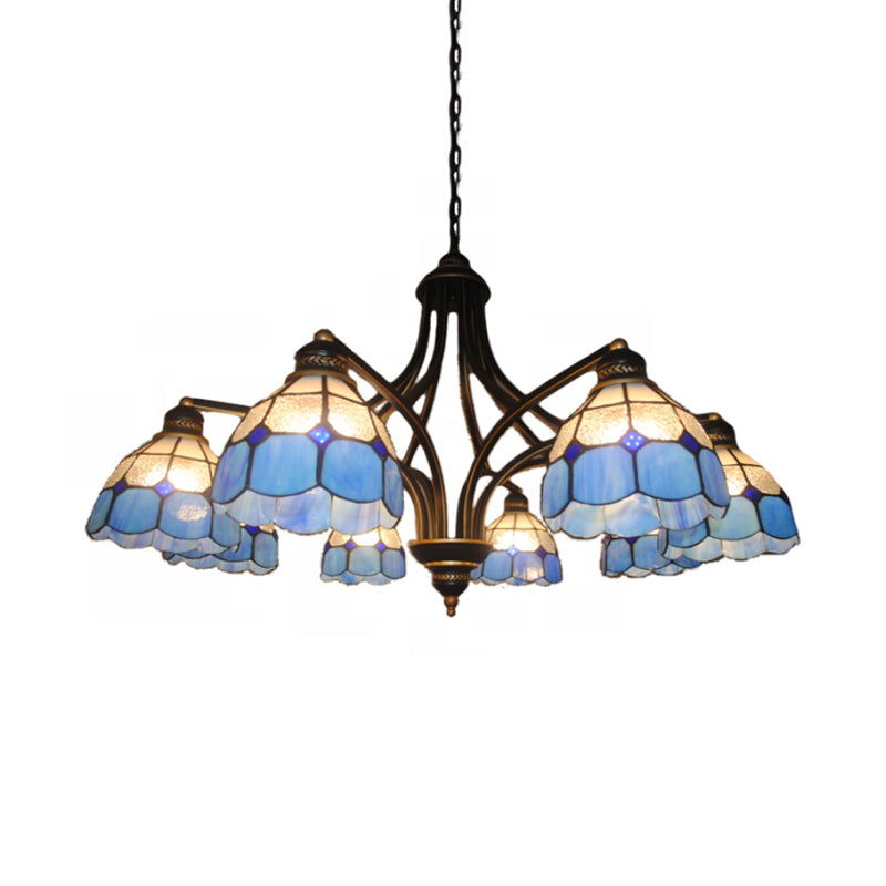 Blue Glass Semi-Globe Chandelier - Tiffany Pendant Lighting For Bedroom With Metal Chain (6/8