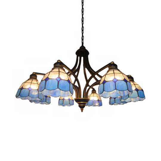 Blue Glass Semi-Globe Chandelier - Tiffany Pendant Lighting For Bedroom With Metal Chain (6/8