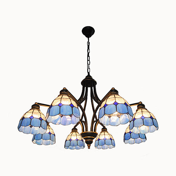 Tiffany Blue Glass Chandelier with 6/8 Lights and Metal Chain - Perfect for Bedroom Lighting