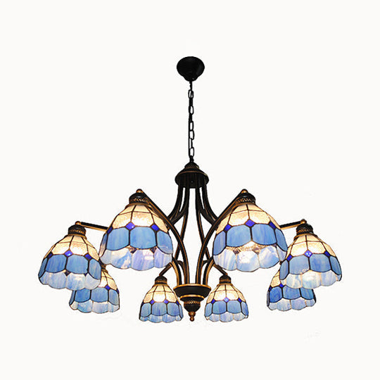 Blue Glass Semi-Globe Chandelier - Tiffany Pendant Lighting For Bedroom With Metal Chain (6/8