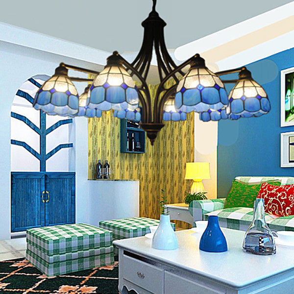 Blue Glass Semi-Globe Chandelier - Tiffany Pendant Lighting For Bedroom With Metal Chain (6/8