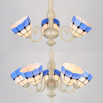 Baroque Stained Glass Chandelier with Bowl Shade - Elegant Pendant Light for Dining Room (3/5 Bulb Options) + Metal Chain