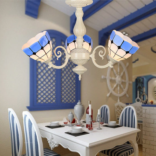 Baroque Stained Glass Chandelier with Bowl Shade - Elegant Pendant Light for Dining Room (3/5 Bulb Options) + Metal Chain