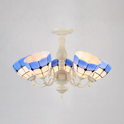 Baroque Stained Glass Chandelier with Bowl Shade - Elegant Pendant Light for Dining Room (3/5 Bulb Options) + Metal Chain