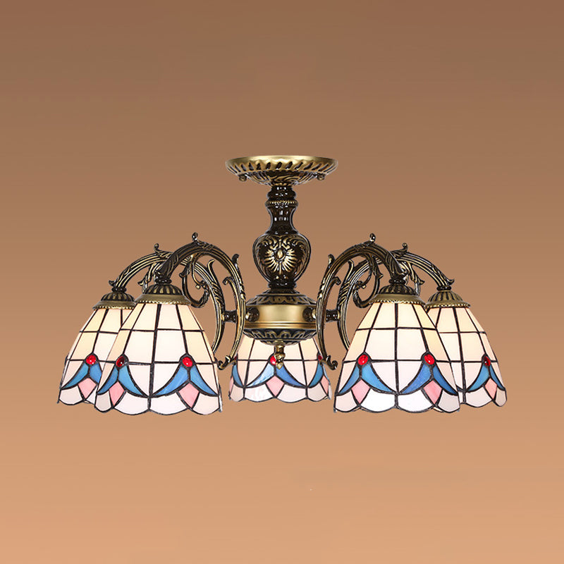 White Stained Glass Magnolia Ceiling Light - Lodge Style Chandelier with 3/5/6 Lights