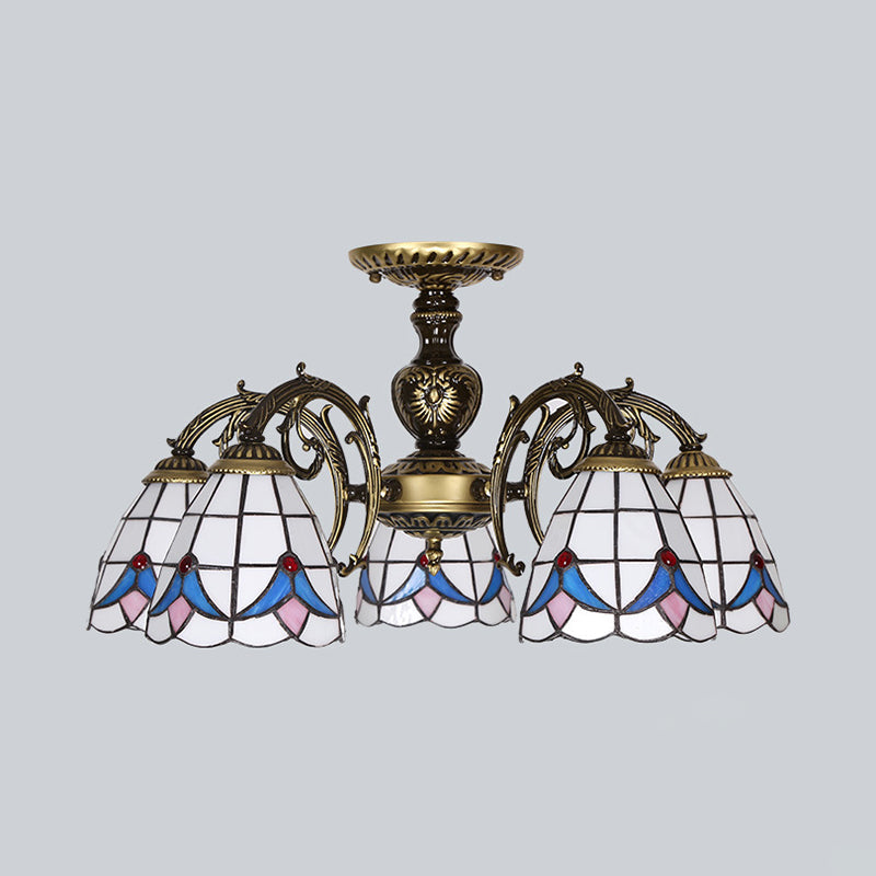 White Stained Glass Magnolia Ceiling Light - Lodge Style Chandelier with 3/5/6 Lights