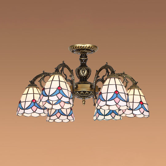 White Stained Glass Magnolia Ceiling Light - Lodge Style Chandelier With 3/5/6 Lights