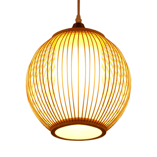 Chinese Bamboo Lantern Pendant Light With Beige Shade For Ceiling