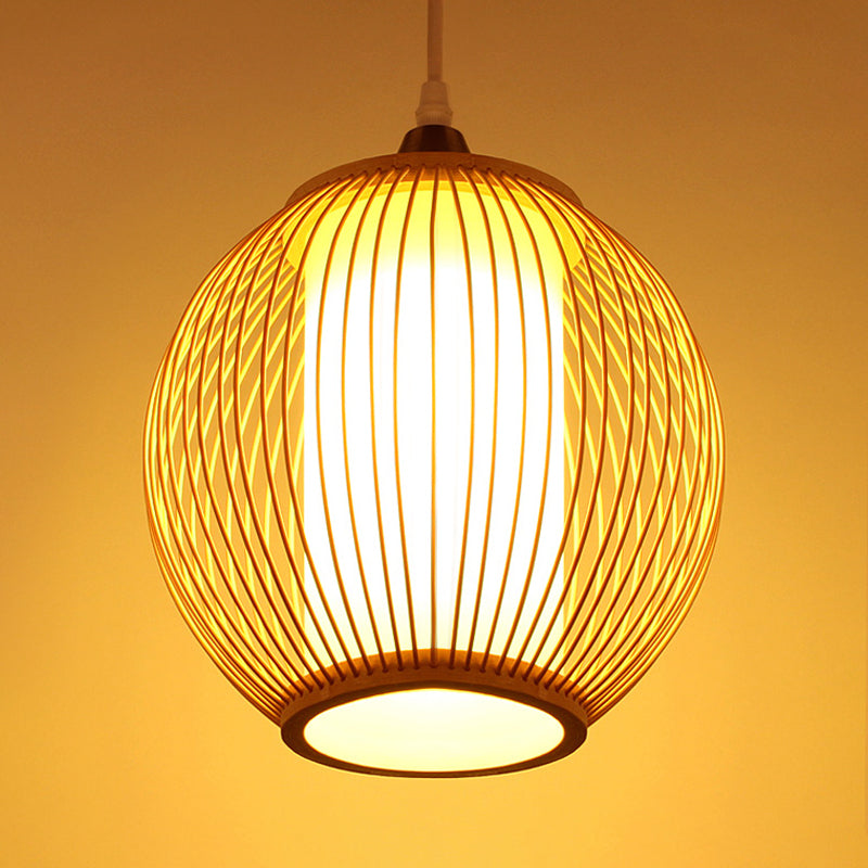 Chinese Bamboo Lantern Pendant Light With Beige Shade For Ceiling