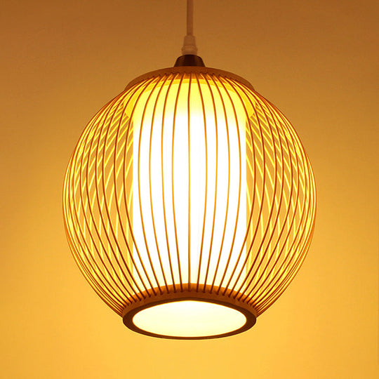 Chinese Bamboo Lantern Pendant Light With Beige Shade For Ceiling