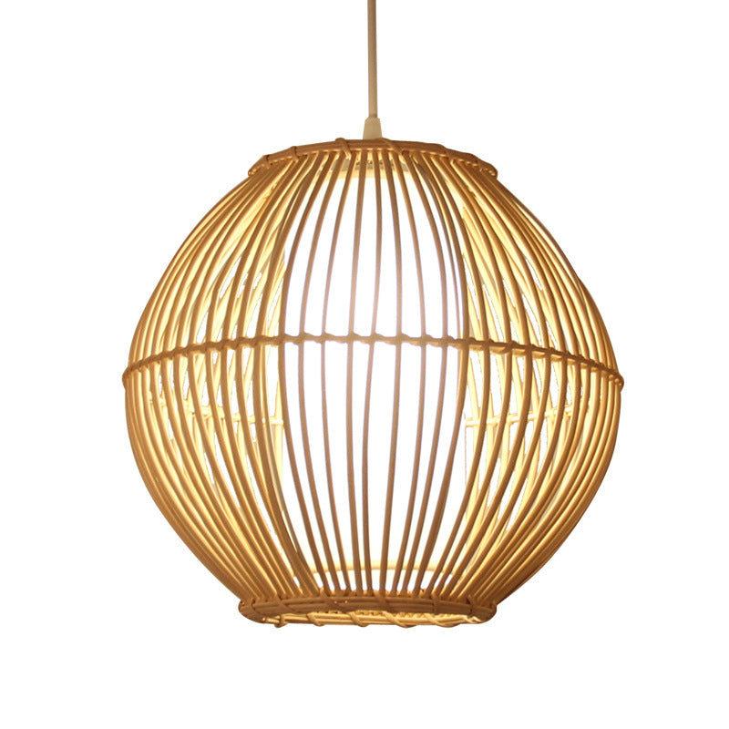 Japanese-Inspired Bamboo Pendant Light For Dining Room With Beige Curved Design And 1 Bulb