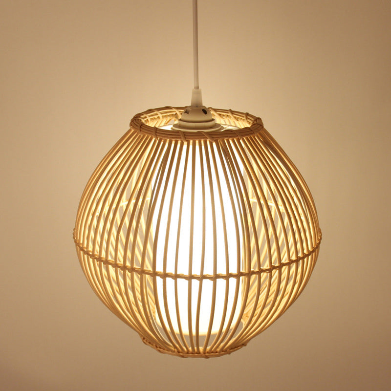 Japanese-Inspired Bamboo Pendant Light For Dining Room With Beige Curved Design And 1 Bulb