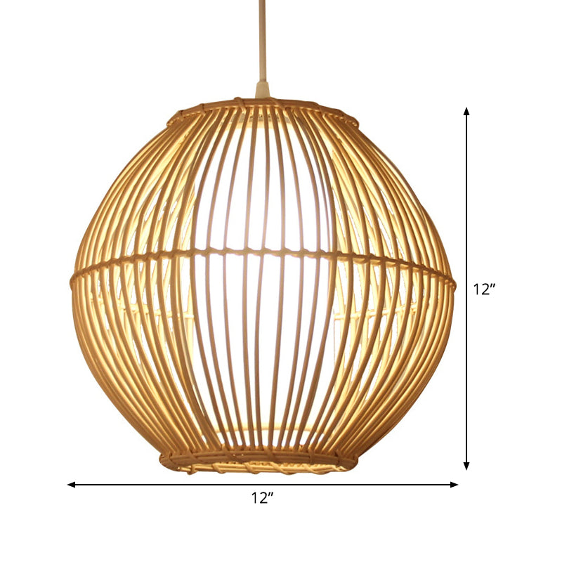 Japanese-Inspired Bamboo Pendant Light For Dining Room With Beige Curved Design And 1 Bulb