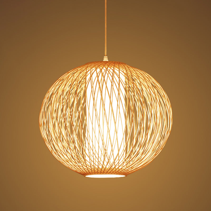 Chinese-Inspired Beige Globe Pendant Lamp With Bamboo Hanging Light Kit - Inner White Cylinder Shade