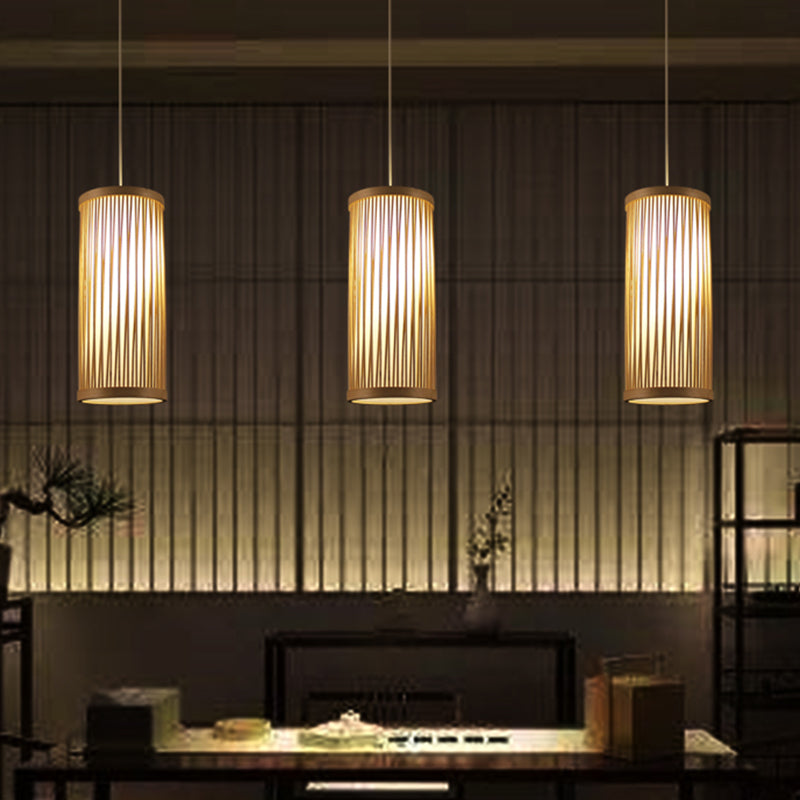 Bamboo Japanese Ceiling Light - Cylindrical Wood Fixture With 1 Head