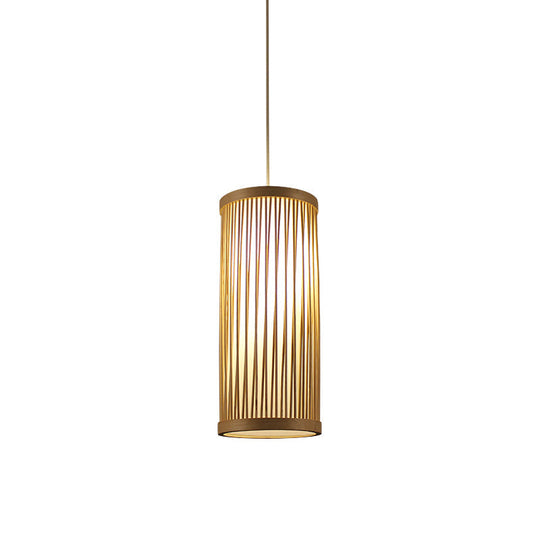 Bamboo Japanese Ceiling Light - Cylindrical Wood Fixture With 1 Head