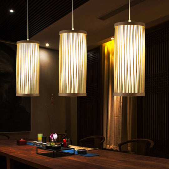 Natural Bamboo Asian Pendant Ceiling Light With Cylinder Wood Shade