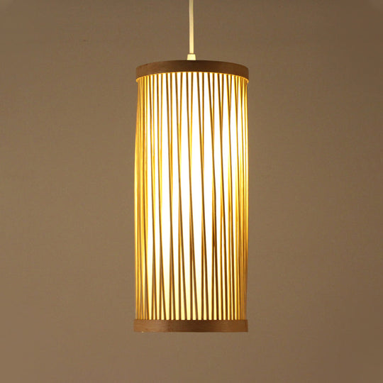 Natural Bamboo Asian Pendant Ceiling Light With Cylinder Wood Shade