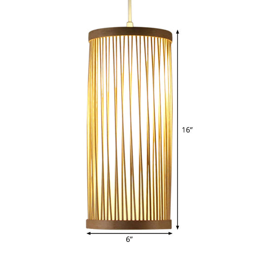 Natural Bamboo Asian Pendant Ceiling Light With Cylinder Wood Shade