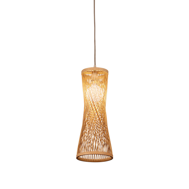 Bamboo Asian Ceiling Lamp With Wide Flare Design 1-Bulb Beige Fixture 6.5 Width