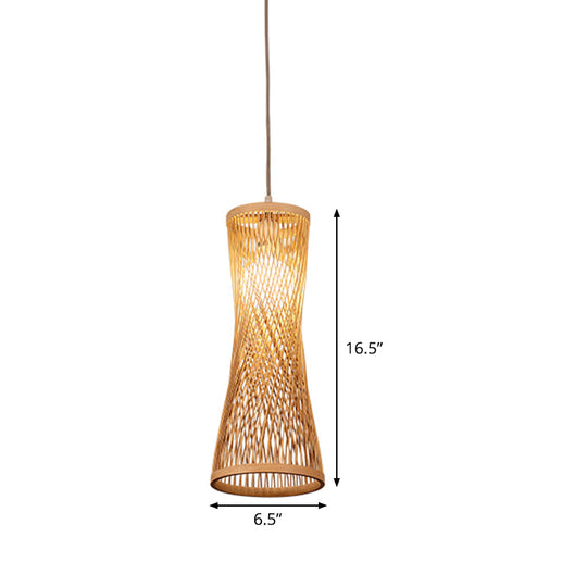 Bamboo Asian Ceiling Lamp With Wide Flare Design 1-Bulb Beige Fixture 6.5 Width