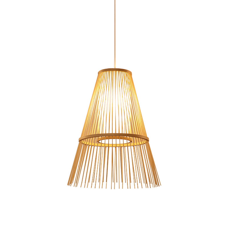 1-Bulb Asian Hanging Lamp With Beige Tapered Bamboo Shade - Pendant Lighting Fixture