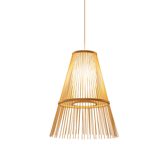 1-Bulb Asian Hanging Lamp With Beige Tapered Bamboo Shade - Pendant Lighting Fixture