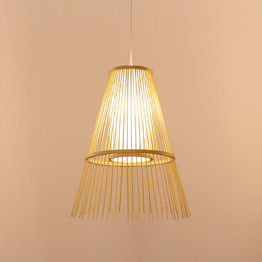 1-Bulb Asian Hanging Lamp With Beige Tapered Bamboo Shade - Pendant Lighting Fixture