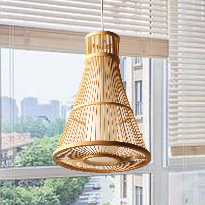 Suspended Asia Bamboo Trumpet Hanging Light Fixture In Beige - Ideal For Restaurants