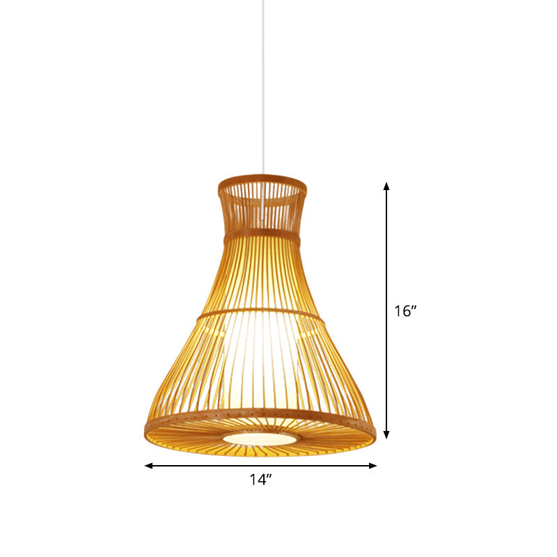 Flared Beige Ceiling Lamp - Asian Style Bamboo Hanging Light Fixture With Parchment Inner Tube Shade