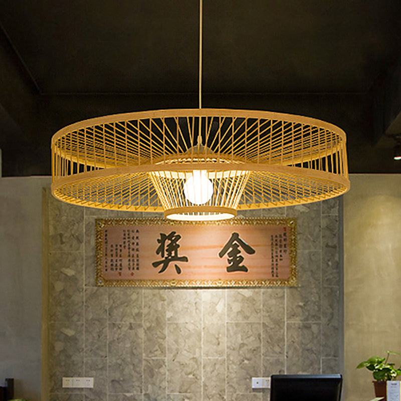 Laser Cut Bamboo Pendant Light With Japanese-Inspired Design In Beige