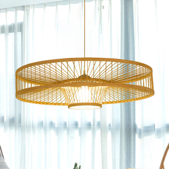 Laser Cut Bamboo Pendant Light With Japanese-Inspired Design In Beige