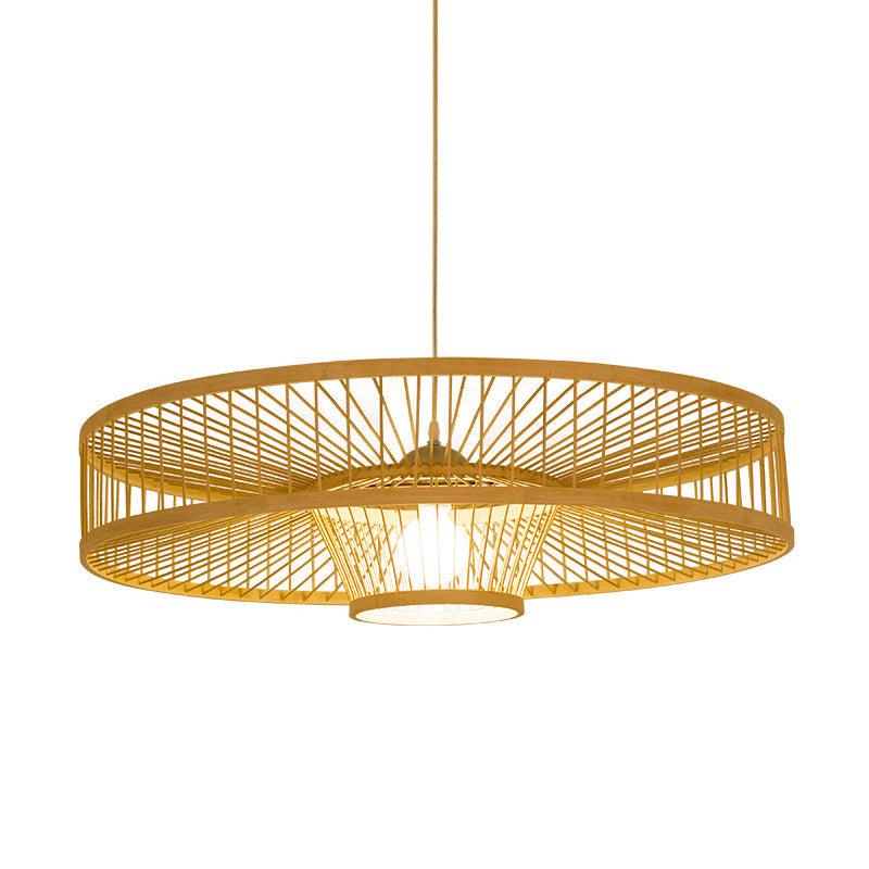 Laser Cut Bamboo Pendant Light With Japanese-Inspired Design In Beige