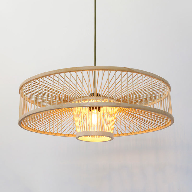 Laser Cut Bamboo Pendant Light With Japanese-Inspired Design In Beige