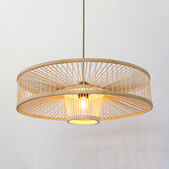 Laser Cut Bamboo Pendant Light With Japanese-Inspired Design In Beige