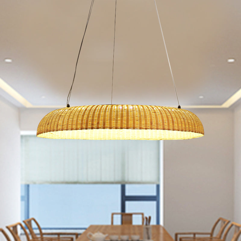 Bamboo Led Pendant Lamp - Handwoven Chinese Hanging Light For Dining Room In Beige