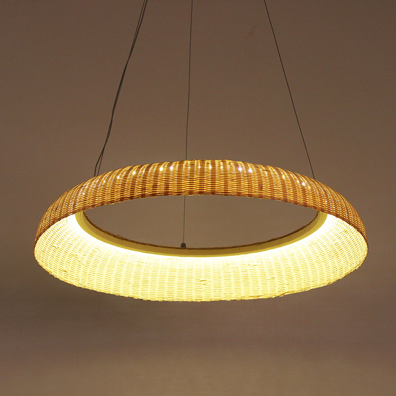 Bamboo Led Pendant Lamp - Handwoven Chinese Hanging Light For Dining Room In Beige