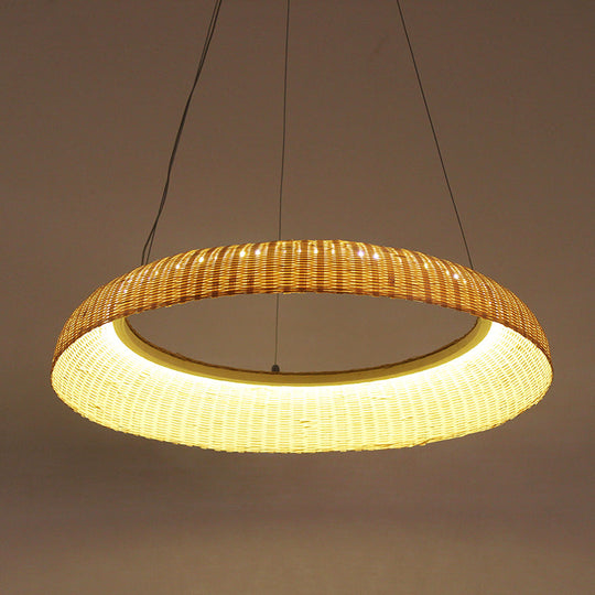 Bamboo Led Pendant Lamp - Handwoven Chinese Hanging Light For Dining Room In Beige