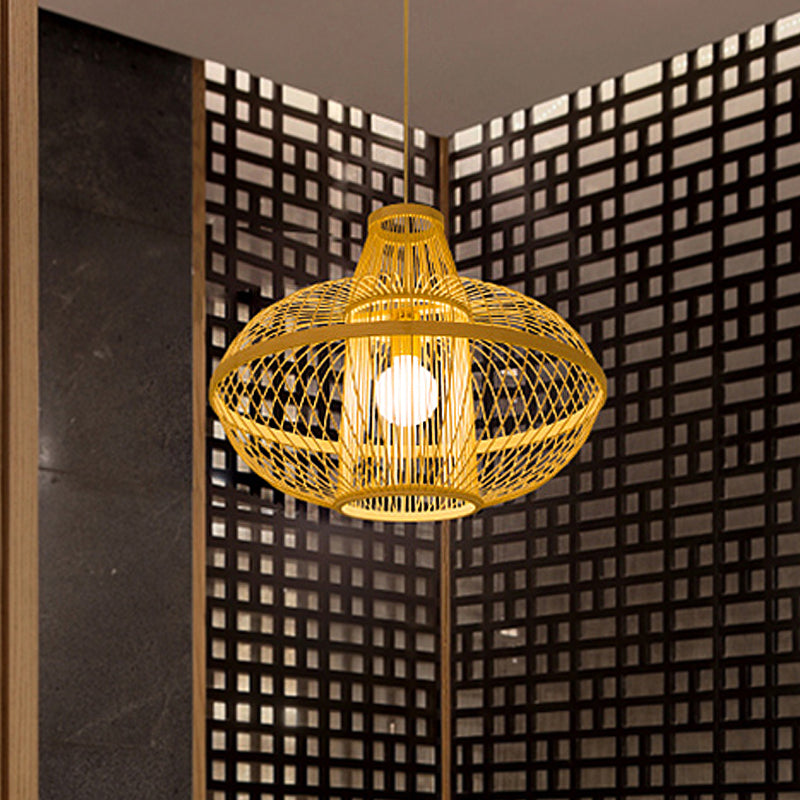 Restaurant Pendant Lamp With Bamboo Shade - Asia Wood Hanging Ceiling Light