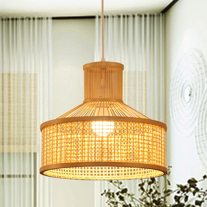 Bamboo Shade Pendant Lamp: Chinese Hand Woven Hanging Light Fixture In Beige