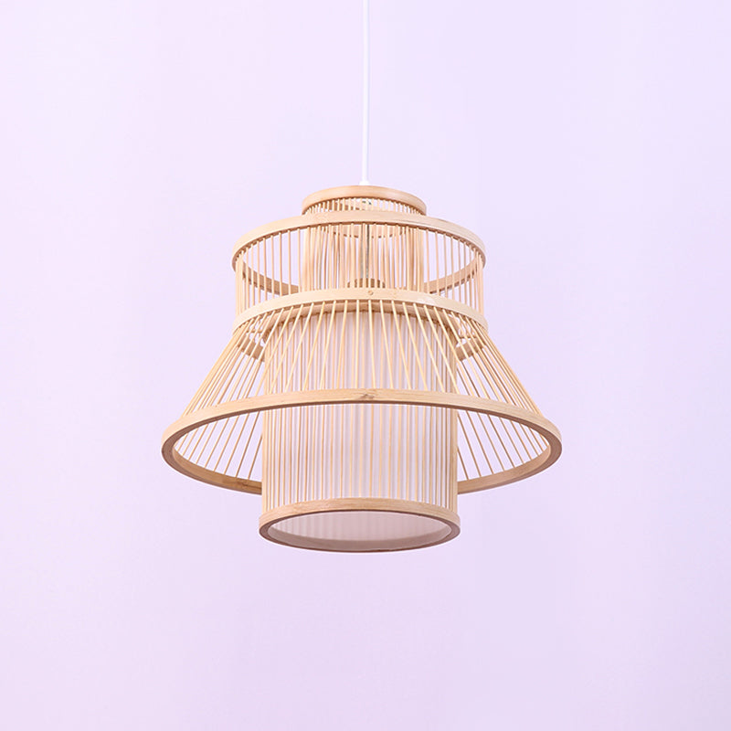 Chinese Bamboo Hanging Light: Flared Wood Design With 1 Bulb For Tearoom